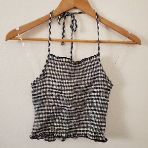 Black gingham ruched cropped halter top